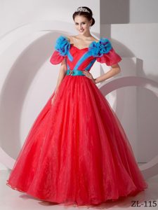Red Princess V-neck Organza Hand Made Flowers Quinceanera Gown