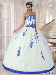 2014 White Ball Gown Strapless Appliques Long Quincianera Dresses