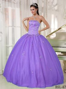 Purple Appliques Strapless Taffeta Ball Gown Dress for Quinceaners
