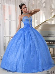 2014 Cute Appliques Blue Ball Gown Organza Floor-length Dresses 15
