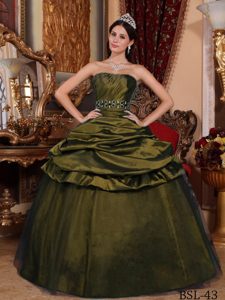 Olive Green Strapless Taffeta Beading Pick-ups Quinceanera Dress