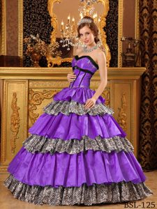 Purple Floor-length Ruffle Layers Leopard Print Quinceanera Gown