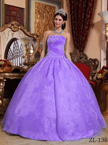 Purple Strapless Floor-length Applique Organza Quincianera Dresses