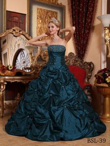 Navy Blue Strapless Pick-ups Beading Quinceanera Dresses Gowns