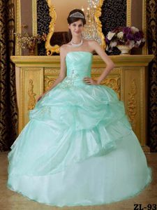 Strapless Apple Green Organza Ruche Quinceanera Gown with Beading