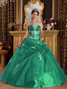 Strapless Floor-length Green Ball Gown Appliques Quinceanera Dress