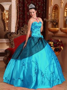 2013 Teal and Black Ball Gown Satin Embroidery Beaded Sweet 16 Dresses