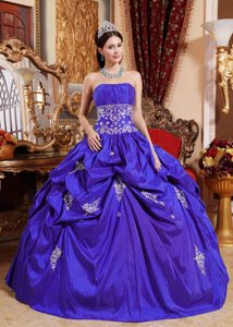 Popular Royal Blue Strapless Taffeta Appliques Quinceanera Gown Dresses