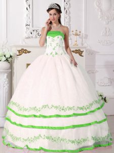 2013 White and Green Organza Beaded and Embroidery Quinceanera Gown
