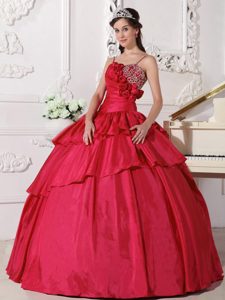 Taffeta Beaded Hot Red Straps Ball Gown Quinceanera Dresses in Low Price