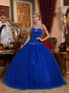 Royal Blue Spaghetti Straps Tulle Beaded Sweetheart Quinceanera Dresses