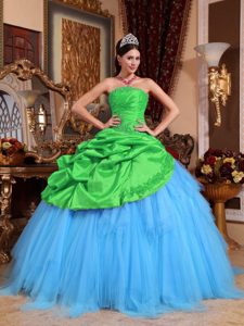 Popular Cheap Green and Blue Appliques Beaded Strapless Sweet 16 Dresses