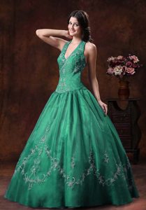 Halter Green A-line Embroidery Organza Quinceanera Dresses in Low Price