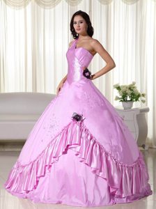 One Shoulder Ball Gown Pink Taffeta Beaded Ruched Quinceanera Dresses