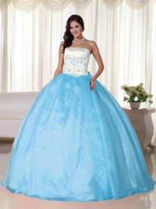Blue and White Ball Gown Organza Strapless Popular Quinceanera Dresses