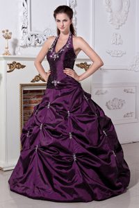 Cheap A-line Elegant Purple Halter Strapless Taffeta Quinceanera Gown Dress