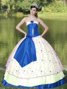 2013Blue and White Flower Decorate Strapless Floor-length Quinceanera Gown