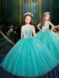 Blue Tulle Clasp Handle Scoop Sleeveless Floor Length Little Girls Pageant Dress Wholesale Appliques