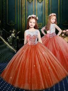 Orange Red Scoop Neckline Appliques Pageant Gowns For Girls Sleeveless Clasp Handle