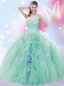 Apple Green Tulle Lace Up High-neck Sleeveless Floor Length Quince Ball Gowns Beading and Ruffles