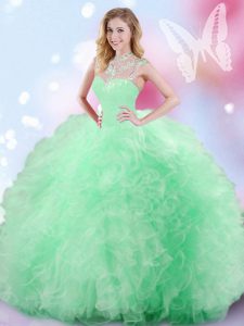 Dynamic Sleeveless Floor Length Beading and Ruffles and Sequins Zipper Sweet 16 Dress with Apple Green