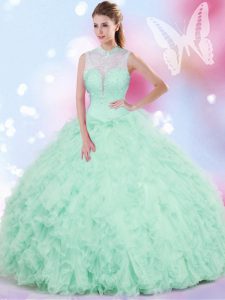 Custom Design Apple Green Lace Up High-neck Beading and Ruffles Quince Ball Gowns Tulle Sleeveless