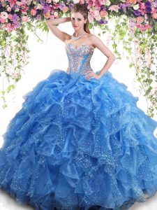Fabulous Mermaid Aqua Blue Organza Lace Up Sweetheart Sleeveless Floor Length Quinceanera Dress Beading and Ruffles