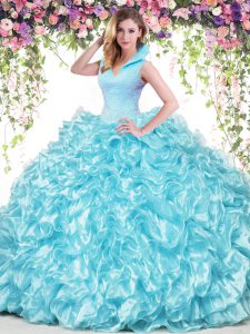 Aqua Blue Backless Quinceanera Gown Beading and Ruffles Sleeveless Floor Length