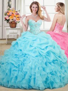 Noble Aqua Blue Ball Gowns Sweetheart Sleeveless Organza Floor Length Lace Up Beading and Ruffles and Pick Ups Quinceanera Dresses