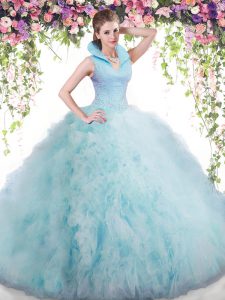 Classical Baby Blue High-neck Backless Beading and Ruffles Sweet 16 Dresses Sleeveless