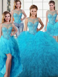Four Piece Scoop Floor Length Ball Gowns Sleeveless Baby Blue Quinceanera Gowns Lace Up