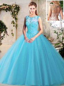 Floor Length Baby Blue Sweet 16 Quinceanera Dress Scoop Sleeveless Lace Up