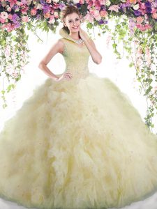 Fantastic Light Yellow High-neck Backless Beading and Ruffles Ball Gown Prom Dress Sleeveless