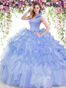 Blue Sleeveless Floor Length Beading and Ruffled Layers Backless Ball Gown Prom Dress
