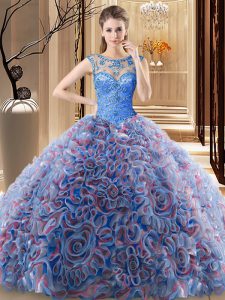 Scoop Sleeveless Fabric With Rolling Flowers Brush Train Lace Up 15th Birthday Dress in Multi-color with Beading