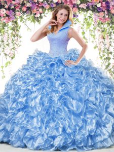 Superior Blue Backless Sweet 16 Quinceanera Dress Beading and Ruffles Sleeveless Floor Length
