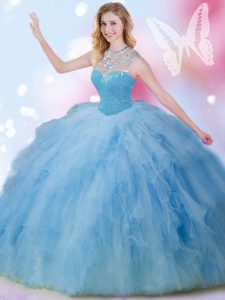 Blue Tulle Zipper High-neck Sleeveless Floor Length Quinceanera Gown Beading and Ruffles and Sequins