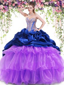 Artistic Multi-color Lace Up Sweet 16 Dress Beading and Ruffled Layers and Pick Ups Sleeveless With Brush Train