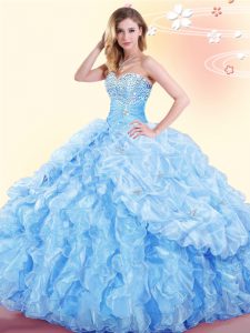 Customized Organza Sweetheart Sleeveless Lace Up Beading and Ruffles and Pick Ups Quinceanera Dresses in Baby Blue