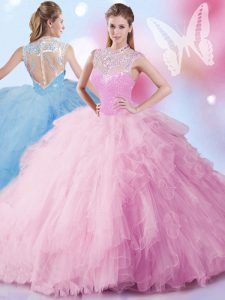 Delicate Beading and Ruffles and Sequins 15 Quinceanera Dress Baby Pink Zipper Sleeveless Floor Length