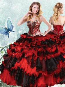 Stylish Organza Sweetheart Sleeveless Lace Up Beading and Ruffled Layers and Sequins Vestidos de Quinceanera in Red And Black
