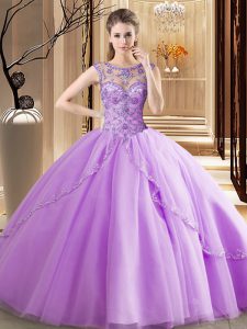 Fancy Scoop Tulle Sleeveless Quince Ball Gowns Brush Train and Beading
