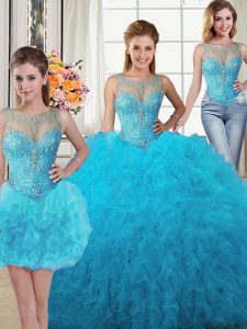 Affordable Three Piece Scoop Baby Blue Lace Up Ball Gown Prom Dress Beading and Ruffles Sleeveless Floor Length