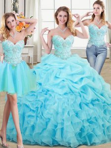 Three Piece Aqua Blue Sleeveless Floor Length Beading and Ruffles and Pick Ups Lace Up Sweet 16 Dresses