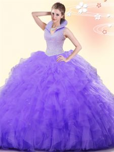 Hot Sale Beading and Ruffles Ball Gown Prom Dress Lavender Backless Sleeveless Floor Length