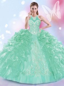 Elegant Halter Top Apple Green Sleeveless Floor Length Appliques and Ruffles Lace Up Sweet 16 Dresses