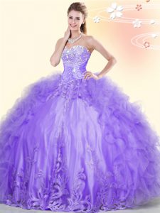 Sexy Lavender Sleeveless Floor Length Beading and Appliques and Ruffles Lace Up Quince Ball Gowns