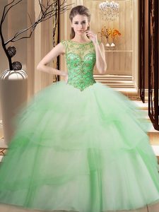 Clearance Apple Green Scoop Neckline Beading and Ruffled Layers Quinceanera Gowns Sleeveless Lace Up