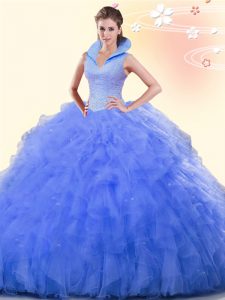 Excellent Sleeveless Tulle Floor Length Backless Vestidos de Quinceanera in Blue with Beading and Ruffles