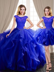 Three Piece Scoop With Train Royal Blue 15th Birthday Dress Tulle Brush Train Cap Sleeves Beading and Appliques and Ruffles